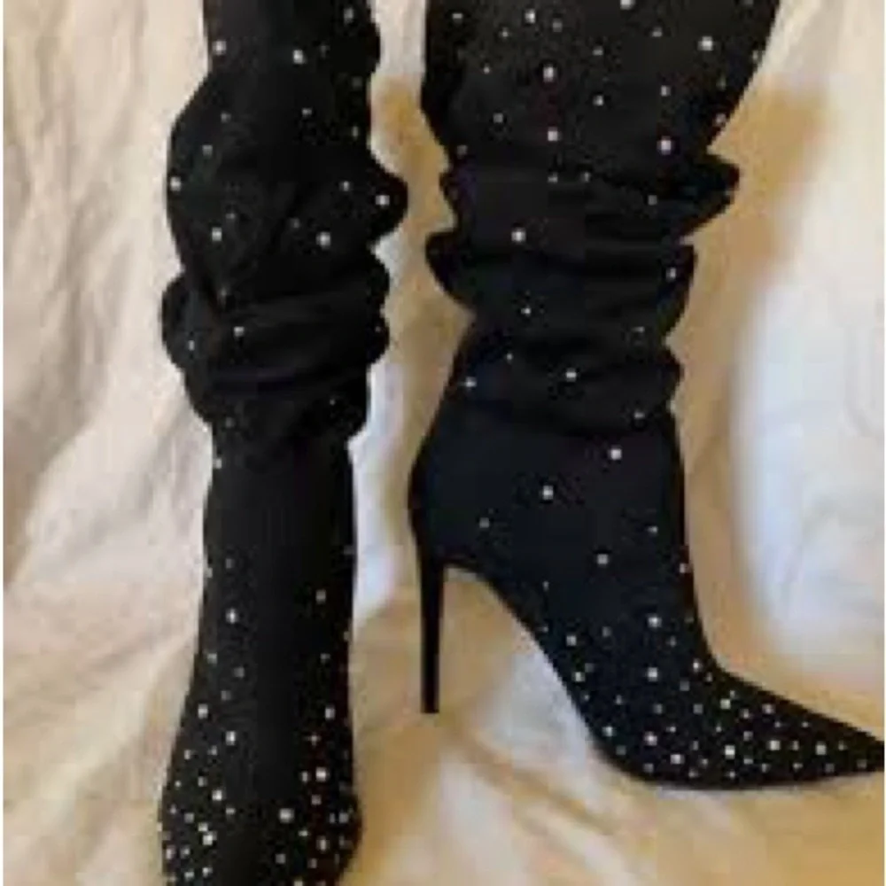 Rhinestone decor, slouch Elegant Black Studded Women's Boots - Picture 2 of 8